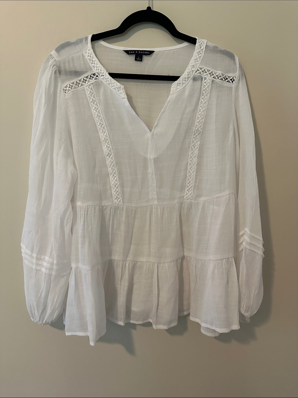 Zac & Rachel White Gauze Tiered Peasant Blouse with Lace Insets